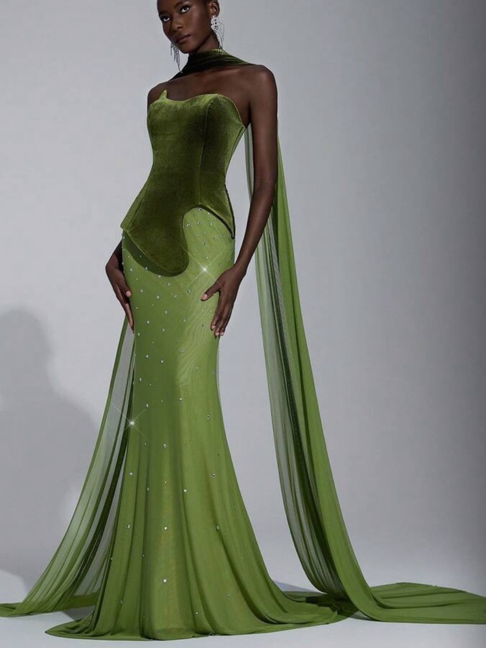 Elegant Luxurious Military Green Velvet Fabric Heavily Embellished Asymm